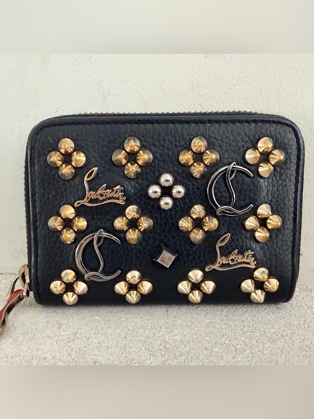 CHRISTIAN LOUBOUTIN Panettone Studded Logo Zip Around Wallet Black Red